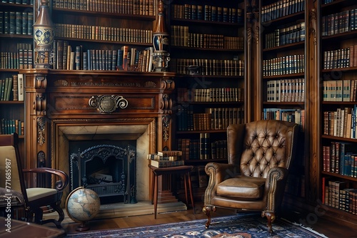 : A classic library boasting towering bookshelves overflowing with leather-bound volumes. A plush armchair positioned by a crackling fireplace invites scholarly pursuits. 