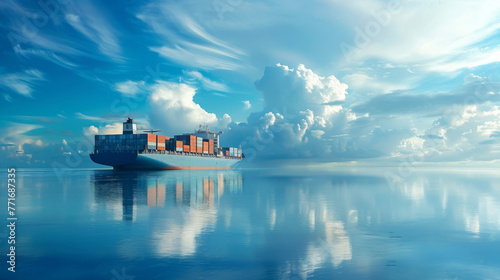 A large freighter carrying colorful shipping containers reflects on the serene ocean, showcasing maritime logistics and global trade.