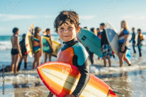 Young child with surfboard on beach looking at sea. Future surfer's anticipation.