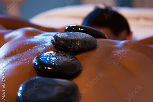 Massaggio con pietre calde, con le pietre posizionate strategicamente lungo la schiena del cliente per un effetto rilassante