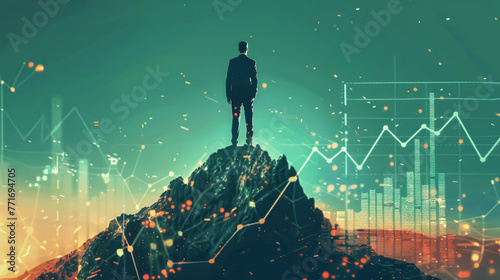 Uomo d'affari visionario in piedi sulla cima di una montagna, con grafici finanziari. Che simboleggia il successo degli investimenti.