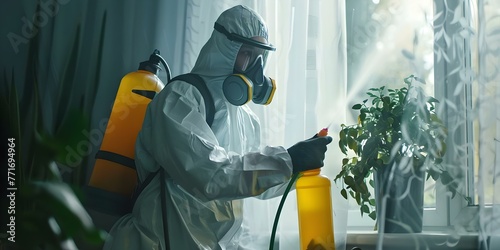 Pest control worker in respirator spraying pesticides under windowsill at home. Concept Pest Control, Pesticides, Home Maintenance, Safety Gear, Insect Infestation