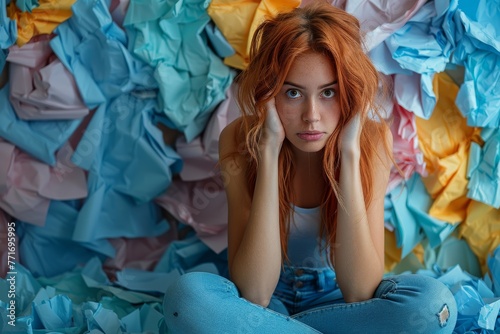 Portrait of a young red-haired woman feeling overwhelmed, surrounded by colorful crumpled paper