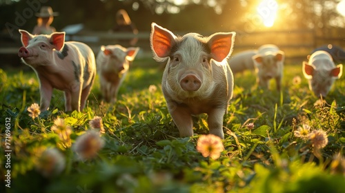 Kunekune pigs grazing, lush pasture, wide shot, peaceful, idyllic country life