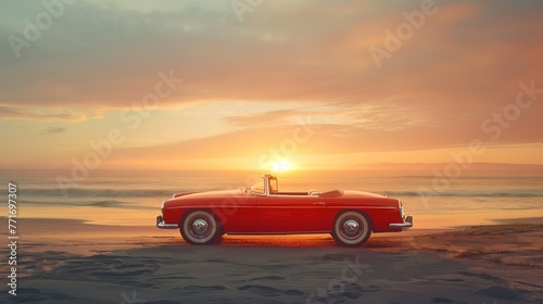 Retro convertible, beachside, sunset, warm hues, carefree, side shot