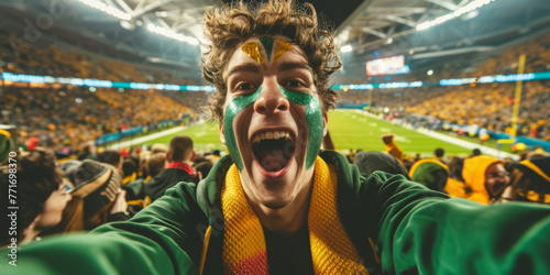 A selfie of an excited fan with face painted in the colors,