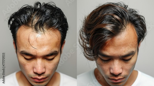 before and after hair loss treatment, man's head. The left side shows patches of baldness and the right photo shows thick black hair.hair transplant