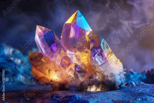 : A glowing, multi-colored crystal, with intricate internal structure and reflections