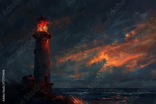 : A lighthouse in the evening, with the light flickering and the shadows changing