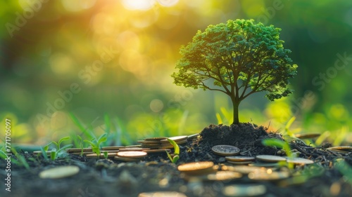 Tree growing from coins on soil with sunlight - Concept image showing investment growth with a tree sprouting from coins in rich soil and golden sunlight