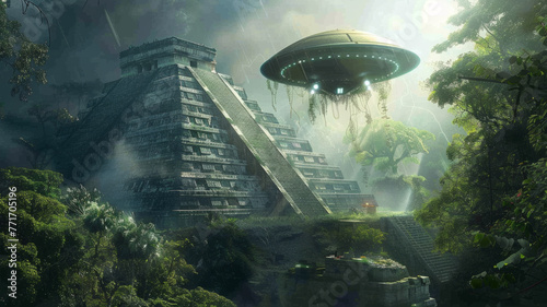 Ancient pyramid with a hovering UFO in jungle - Mysterious UFO hovering over an ancient pyramid in a lush jungle setting evoking a concept of ancient aliens