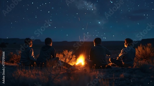 Beautiful scenery of night vision. Bonfire around 4 camping boys. Basking by the fire at night. The concept of outdoor activities. Camping & stargazing in the middle of the desert at night.