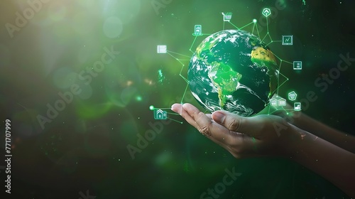 ESG icon concept in the woman hand for environmental, social, and governance by using technology of renewable resources to reduce pollution and carbon emission. Generative AI