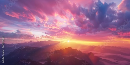 The sun lowers behind a colorful mountain range in a Natural colorful panoramic landscape 