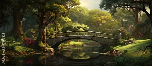 A bridge spans over a tranquil river, surrounded by lush trees and natural landscapes. The asphalt road contrasts with the green grass and plants growing on the soil