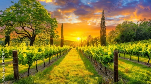  A sunset vineyard painting with trees in the foreground and sun set behind it