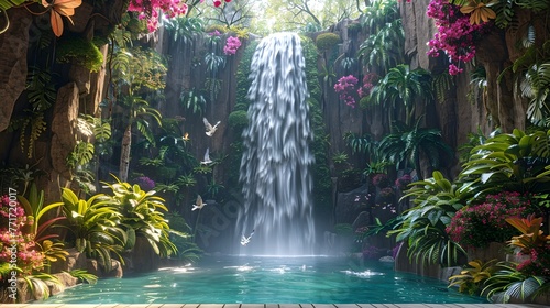 Ethereal Waterfall Cascading into the Hidden Garden of Eden Amid Vibrant Tropical Foliage and Exotic Wildlife