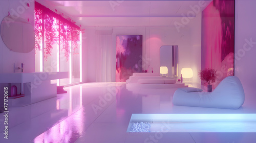 A tranquil white room enlivened by bursts of vivid cobalt and fuchsia, casting a radiant and inviting ambiance against the serene backdrop