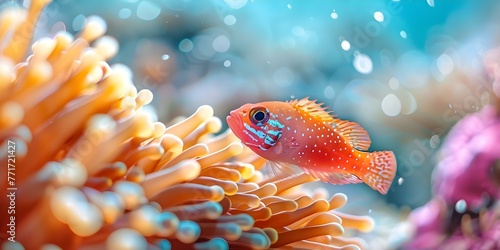 Pixie hawkfish in their natural habitat near an anemone in a coral reef ecosystem. Concept Underwater photography, Marine life, Coral reef conservation, Fish behavior, Ecosystem biodiversity