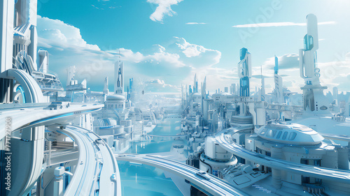 Futuristic metropolis with fantastic architecture, white buildings and blue sky, environmental friendliness, elegance, harmony of lines. 
