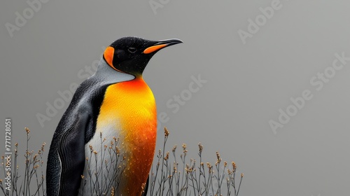  A black-and-orange bird perched amidst towering blades of grass and parched vegetation, against a backdrop of leaden skies