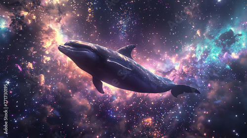 A dolphin moving through space against a backdrop of constellations, galaxies and bright, colorful shimmers. 