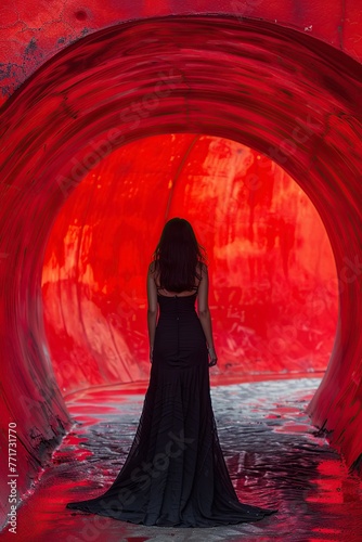 Woman Walking in Black Dress Through Red Tunnel