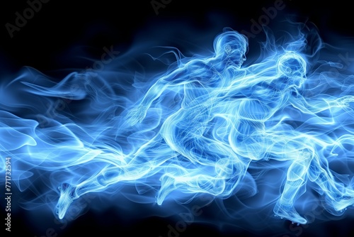 Phantom soccer players, made of blue energy, battle for possession, their forms trailing light in ethereal match. Ghostly outlines of athletes, composed of electric blue streams, engage in soccer duel