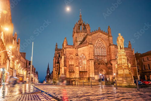 St Giles Cathedral (the High Kirk of Scotland) in Edinburgh at night under the moon