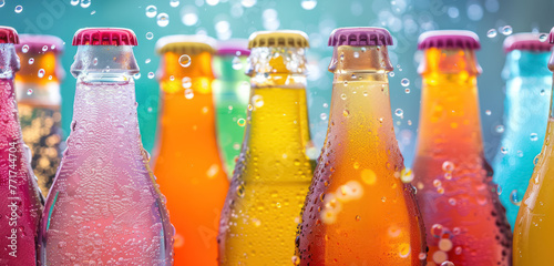 colorful soda bottles with bubbles and condensation