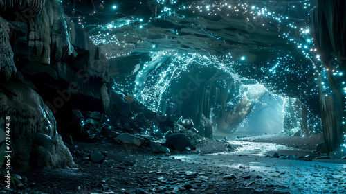 Ethereal Cave Interior with Celestial Light and Glittering Stalactites