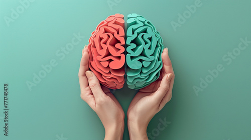 3d colorful brain illustration in human hands, Alzheimer awareness day, dementia diagnosis, Parkinson's disease, memory loss disorder concept 