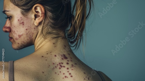 Profile of a woman with acne on face and back. Studio photography with blue background. Skin condition and dermatology concept