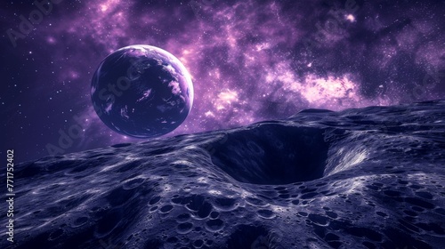  An image depicts an artistically rendered planet on the moon's surface, with a backdrop of a faraway star