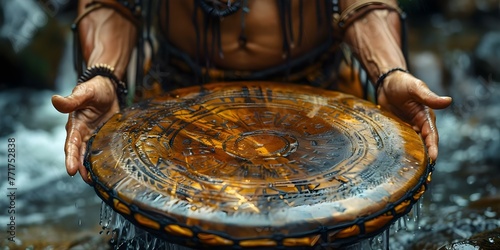 A shaman drum with intricate designs used in spiritual rituals to connect with the spirit world. Concept Spiritual Rituals, Shaman Drum, Intricate Designs, Connection with Spirit World