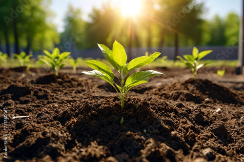 Planted young sapling of trees in an urban environment on territory of house. Background for gentrification of city. Concept of landscaping, nature, environment and ecology. Copy space