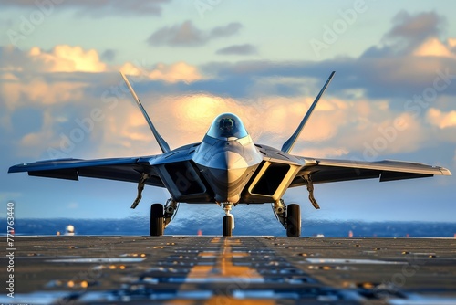 Low angle front view of an F-22 Raptor fighter jet accelerating during takeoff on an aircraft carrier runway. The military plane is sent on combat duty in offshore waters.