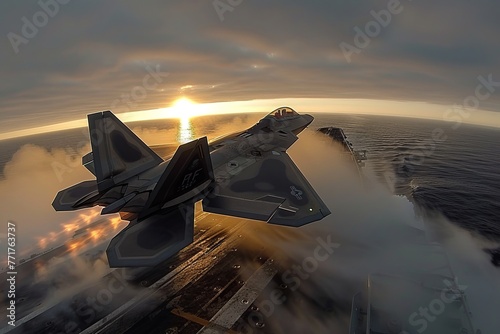 View from the back on F-22 Raptor fighter jet accelerating during takeoff on an aircraft carrier runway. The military plane is sent on combat duty in offshore waters. Wide angle lens effect.