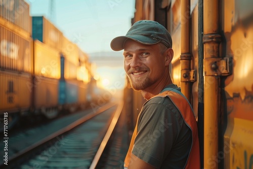 A railway worker in a signal vest at a large junction railway station checks the technical condition of a freight train before departure.
