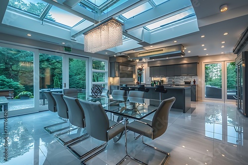 glass and chrome metal dining table, gray leatherette chairs, statement tile flooring, glass pave skylights and designer ceiling lights
