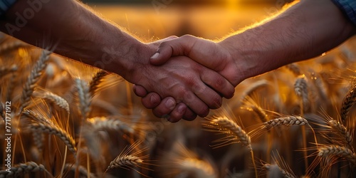 Two farmers shaking hands in a field sealing a deal. Concept Agricultural business, Rural partnership, Handshake agreement, Farm collaboration, Field negotiation