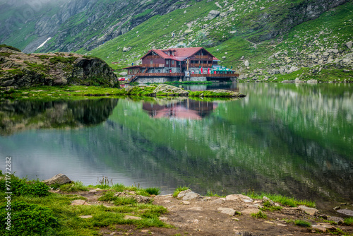 Balea Lac Chalet mountain guesthouse over Balea Lake next to Transfagarasan road in Carpathian Mountains, Romania