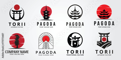 set bundle pagoda temple with sunburst logo vector symbol illustration design, minimalist pagoda temple