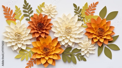 Spring or summer floral background with yellow and orange roses and chrysanthemums on white pastel colored paper. Flat lay, top view, copy space concept in the style of various artists