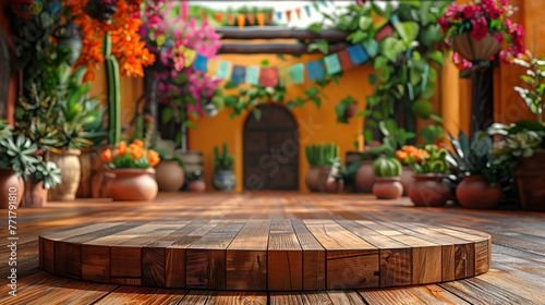 Empty wooden podium on wooden floor with mexican cinco de mayo festival backyard garden background for product presentation
