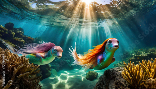 Mythical colorful mermaid fish swimming under water.
