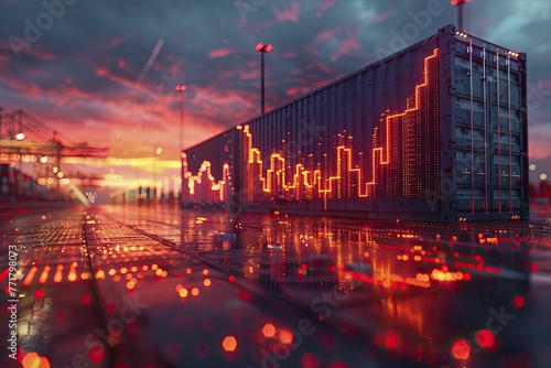A shipping container illuminated by a profit chart amidst a logistics scene, showcasing trading gains in a vibrant display.