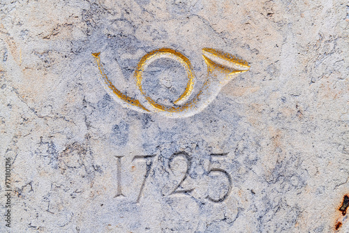 Engraved Post Horn and Year 1725 on Stone Surface in Löbau