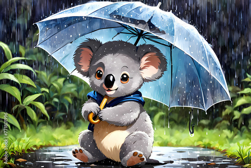 A cute baby koala playfully holding an umbrella on a rainy day. Generative AI