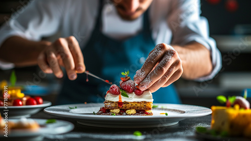A chef skillfully plating a dessert masterpiece, with a backdrop of a deep navy-blue wall adding a touch of sophistication to the vibrant hotel kitchen.